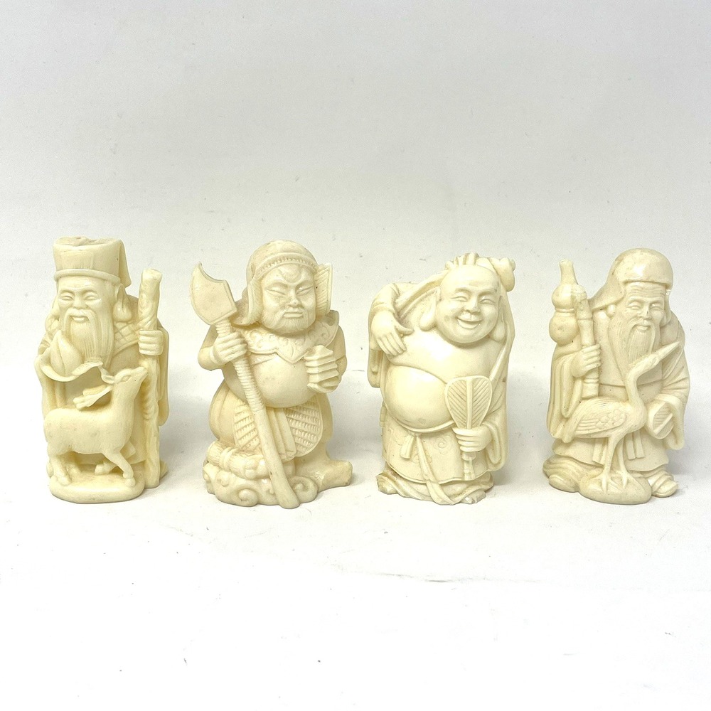 Okimono Figurines Faux Bone Sanxing Hard Resin Vintage Hotei Shouxing Fu Lu Shou